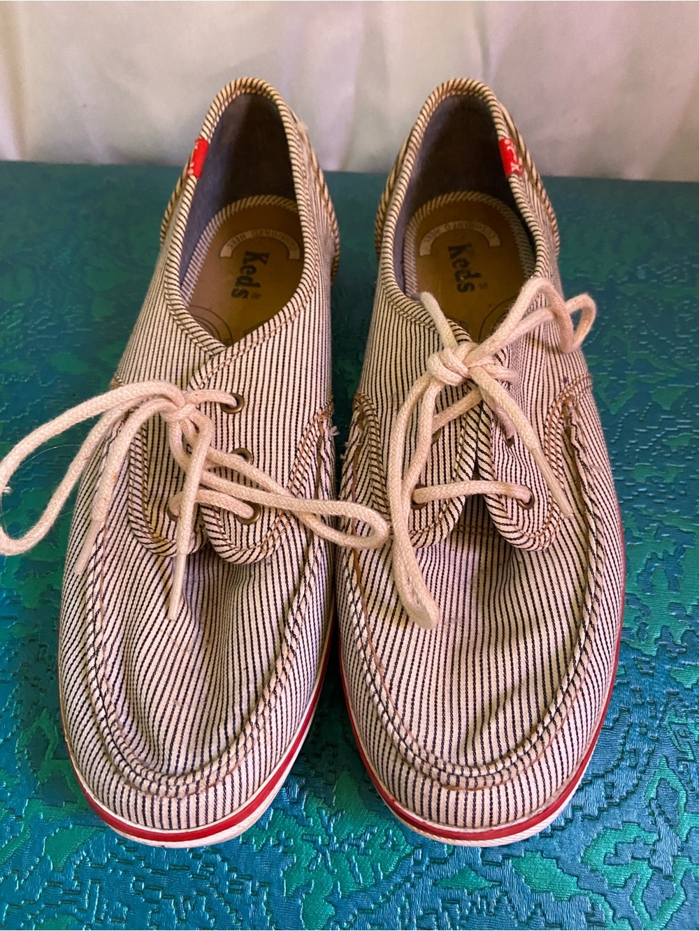 Keds Striped Canvas Boat Shoes in Beige with Red Trim